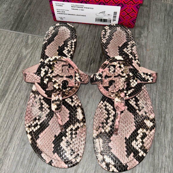 Authentic Tory Burch Miller Sandals & Box Sz 10 🐍🩷🩶 Pink Snakeskin - Picture 5 of 11